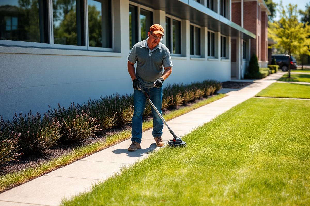 Grounds worker edging a sidewalk beside a maintained lawn at a commercial office property